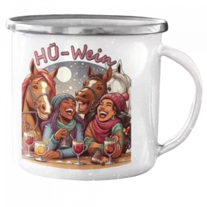 Emaillebecher. HÜ-Wein. Macht den Reiter heiter.