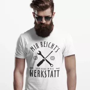 T-Shirt mit dem Spruch „Hier gibt’s Schicht in der Werkstatt“ – humorvolles Shirt für Werkstatt und Handwerker