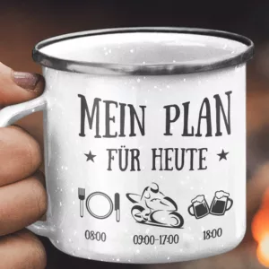 Emaillebecher. Mein Plan für heute. Motorradfahren.