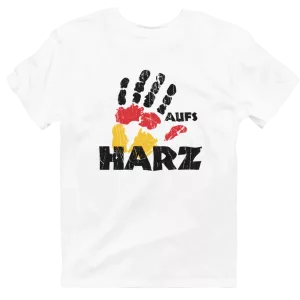 Weißes T-Shirt mit Handabdruck in Schwarz-Rot-Gold und dem Schriftzug „Hand aufs Harz“.