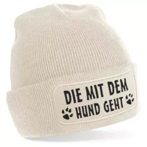 Beanie Mütze beige Motiv Die mit dem Hund geht Jokerprint