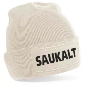 Beanie Mütze SAUKALT mit Front-Patch in Beige