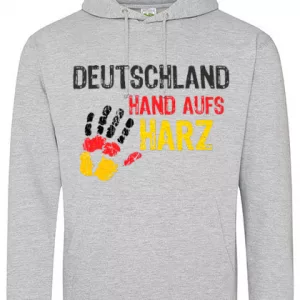 „Grauer Hoodie mit Aufdruck ‚Deutschland Hand aufs Harz‘ und Handabdruck in Schwarz-Rot-Gelb – Fan-Hoodie für Handballspieler und -fans“