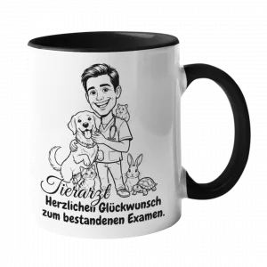 Tierarzt Tasse Examen mit Karikatur und Spruch „Herzlichen Glückwunsch zum bestandenen Examen“