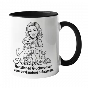 Tierärztin Tasse Examen mit Karikatur und Spruch „Herzlichen Glückwunsch zum bestandenen Examen“