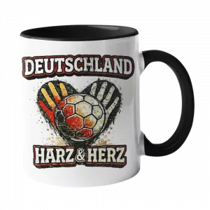 Keramiktasse mit Handball-Motiv „Deutschland Harz & Herz“ und Handballgrafik, farbiger Henkel und Innenrand